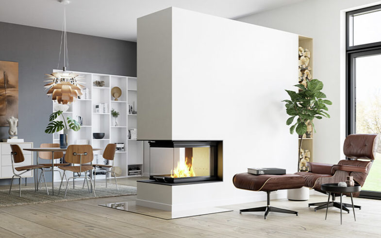 Scan 5005 peisinnsats som romdeler med tre glass i et moderne interiør